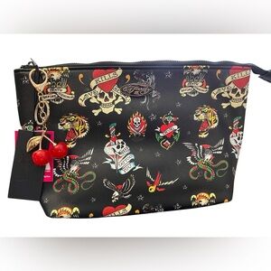 Ed Hardy - Black Tattoo Print Cosmetic Bag With Cherry 🍒 Keychain Zipper Pull